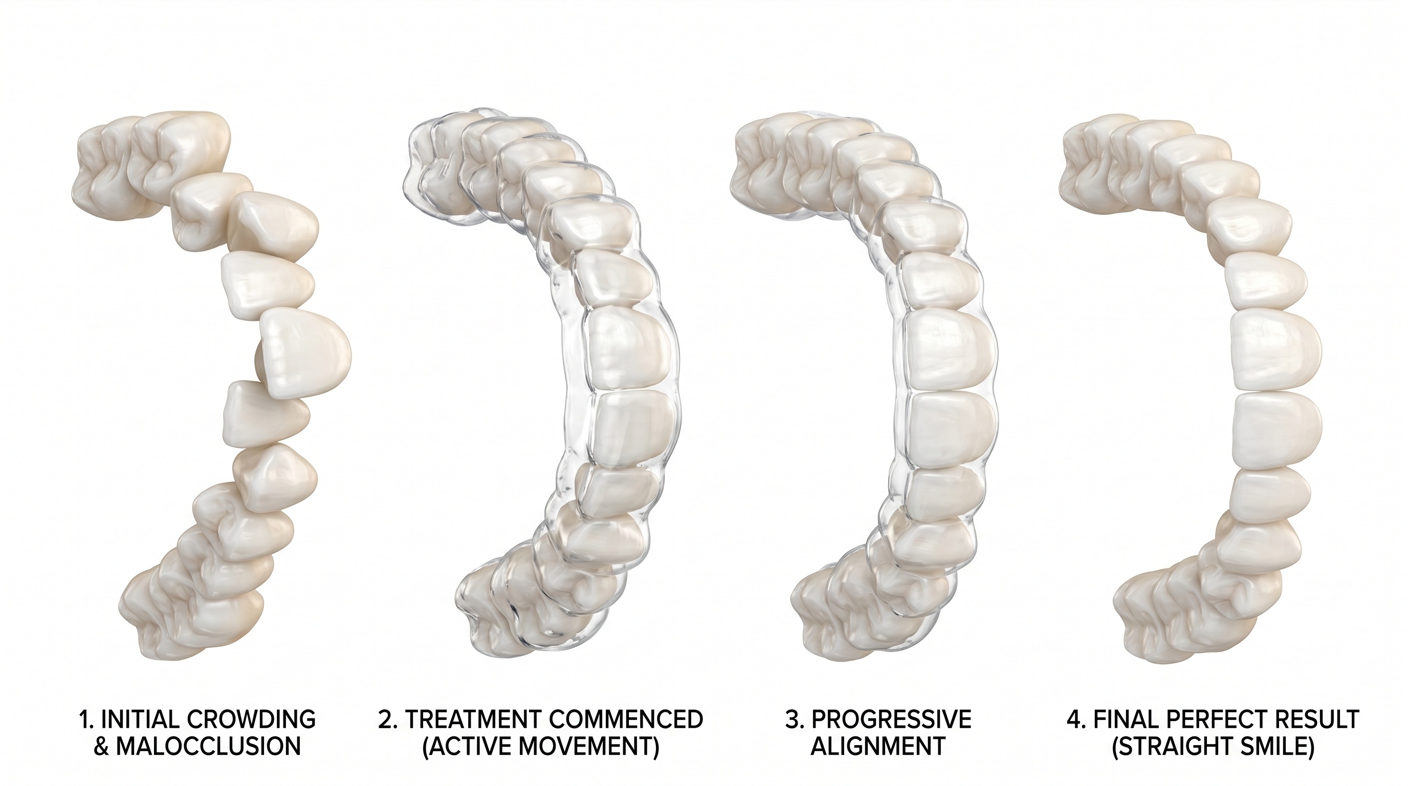 Clear Aligner Orthodontic Treatment Progress Showing Transformation from Crowded Teeth to Perfect Smile